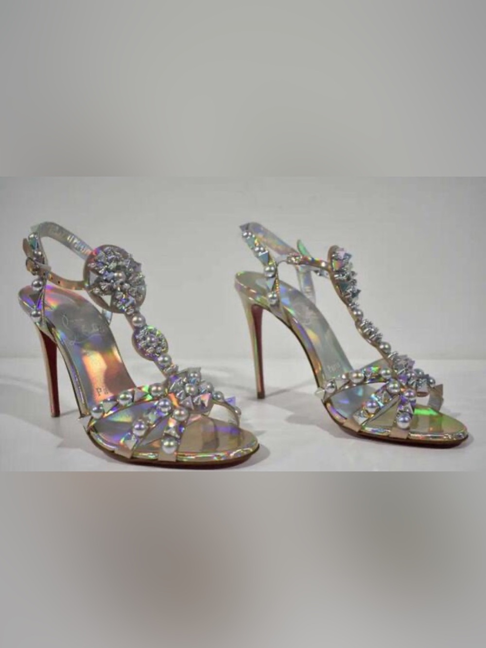 Christian Louboutin GOLDORA 100 Spike Studded Iridescent Heel Sandal Shoes